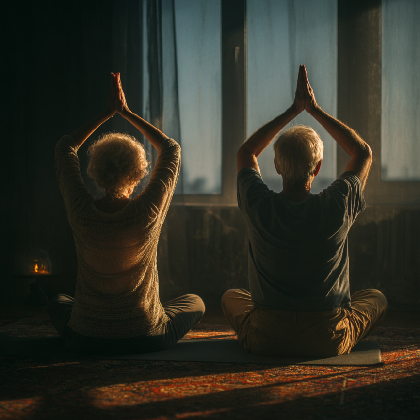 Пожилая женщина занимается йогой